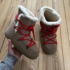 Avery Shearling Faux Fur Lined Snow Boot Tan Red oversized chunky XL 11-12 Women